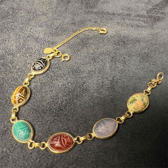 12K GF Scarab Beetle Bracelet Six (6) Gemstones Egyptian Hieroglyphs by Winard main image 0